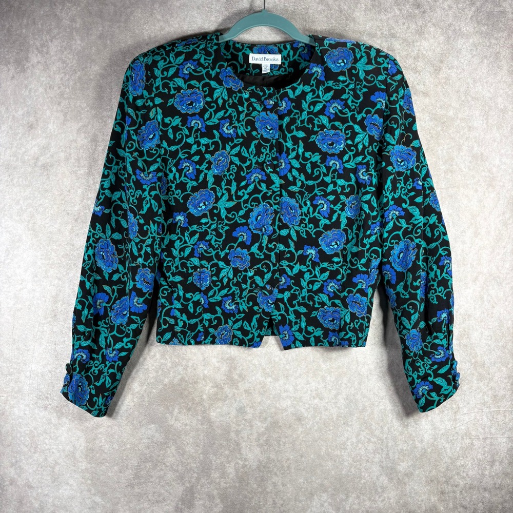 David‎ Brooks Jacket Women 10 Black Blue Floral Rayon Cropped Blazer Vintage Art